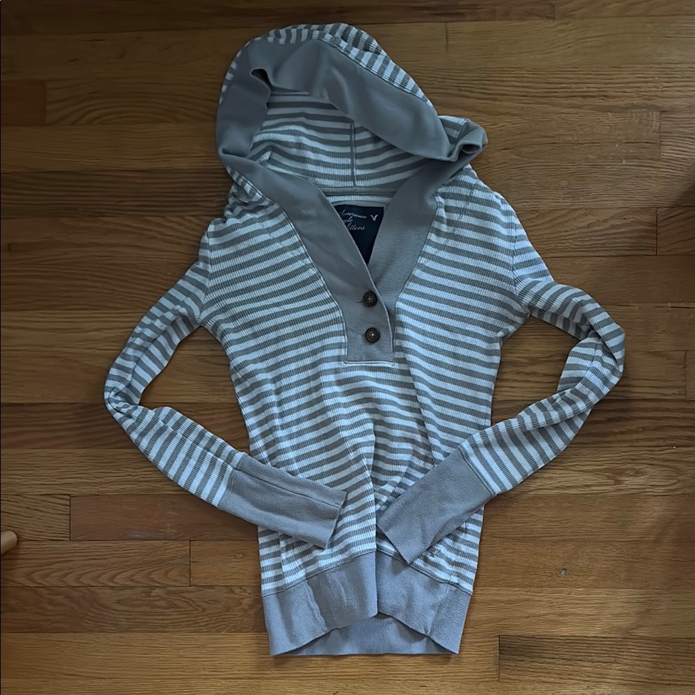 American Eagle Outfitters Gray Striped Hoodie Top